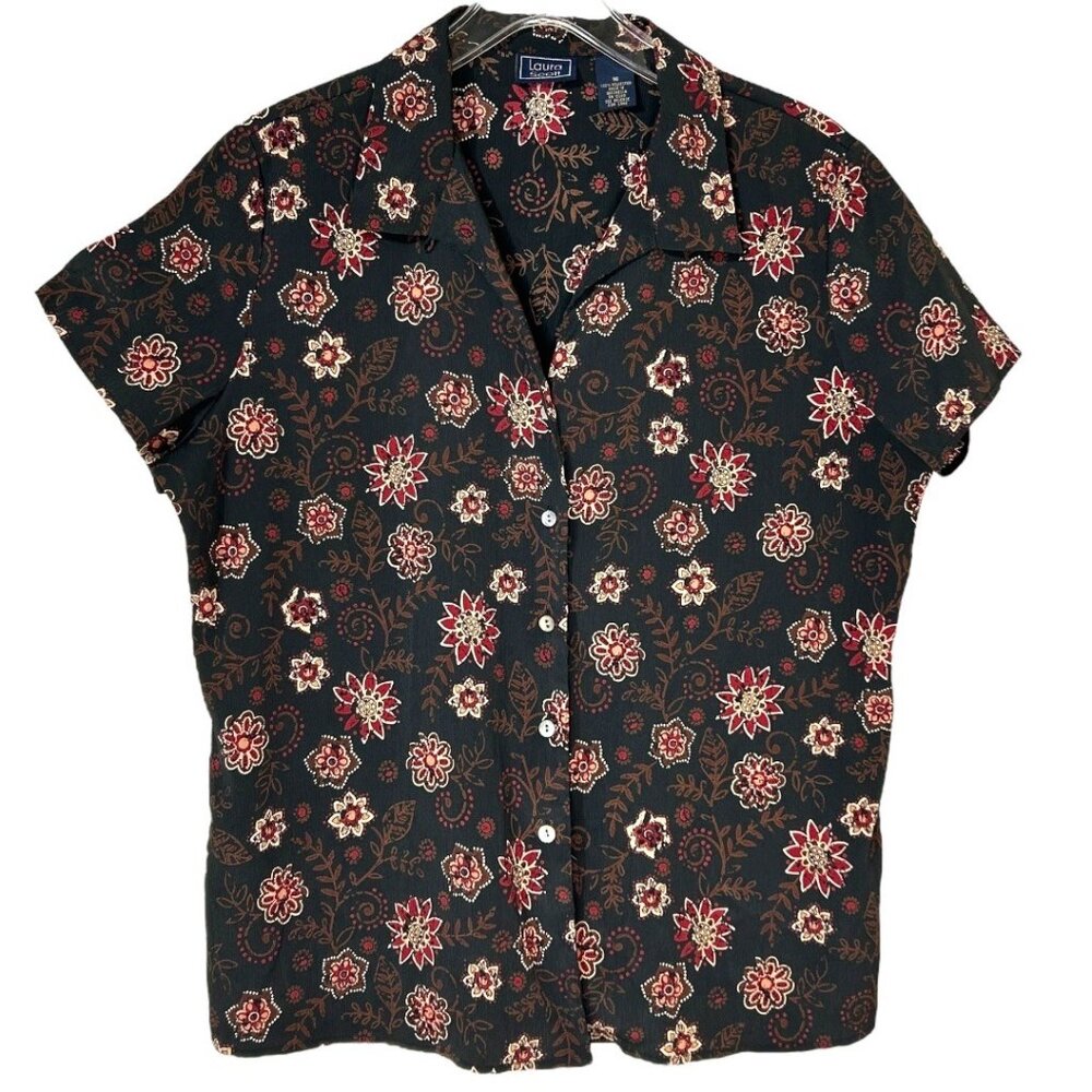 Laura Scott Floral‎ Print Shell Button-Up Short-Sleeve Blouse Size 16